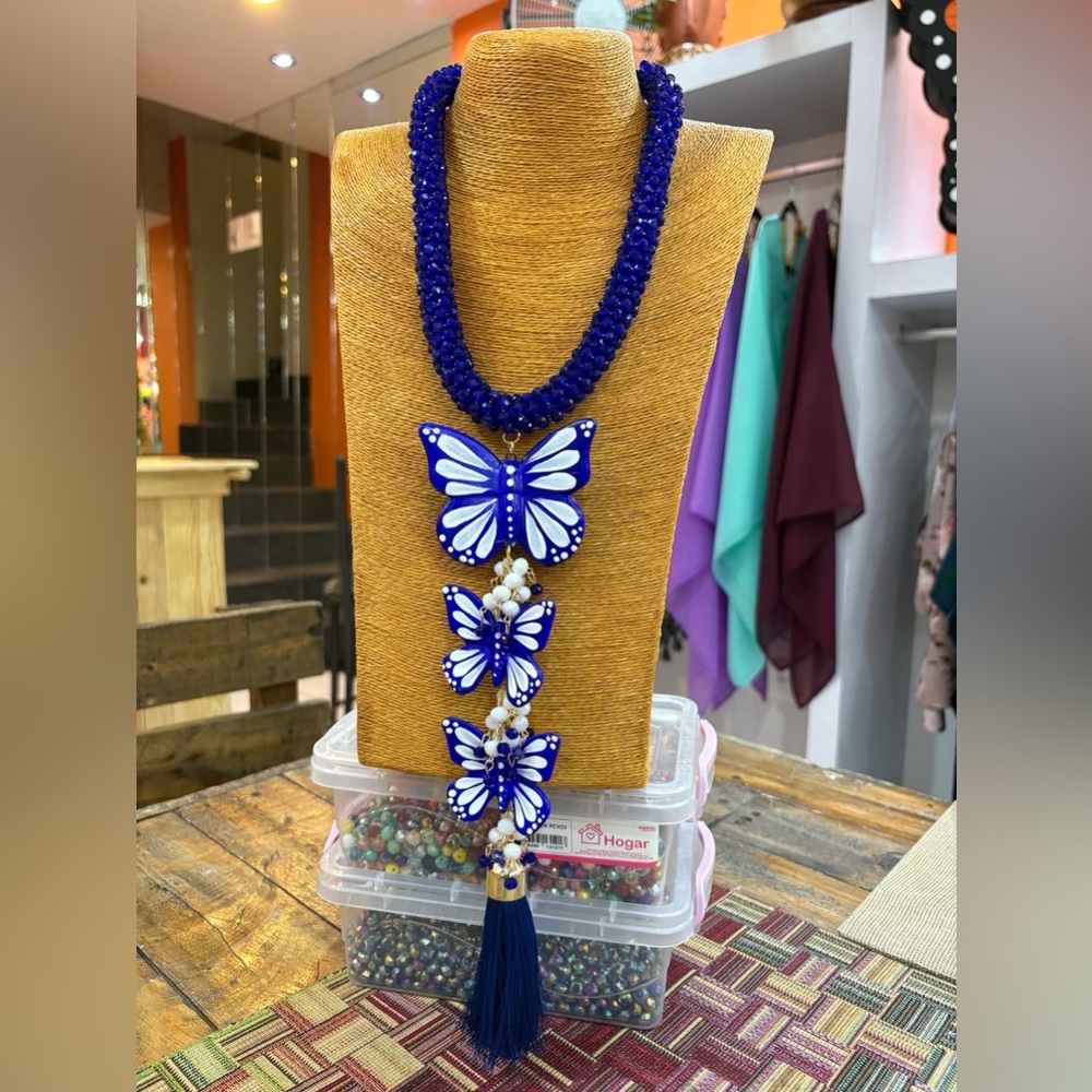 Blue Butterfly Necklace with Beads